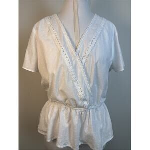 LOFT White Swiss Dot Babydoll Peplum Faux Wrap Lace Trim Top Lg